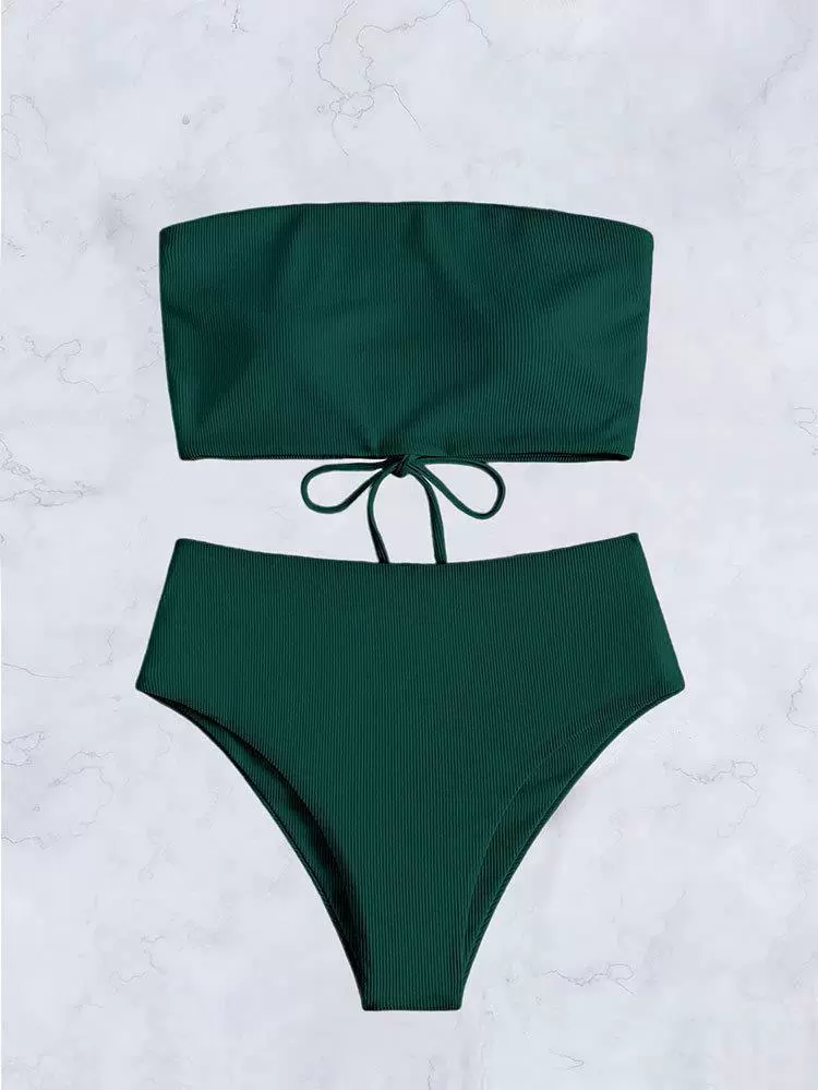 Strapless Lace-Up Bandeau High Waist Bikini Set view 13