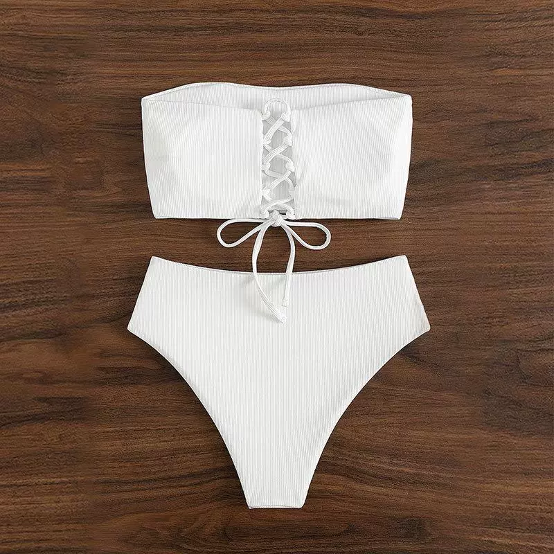 Strapless Lace-Up Bandeau High Waist Bikini Set