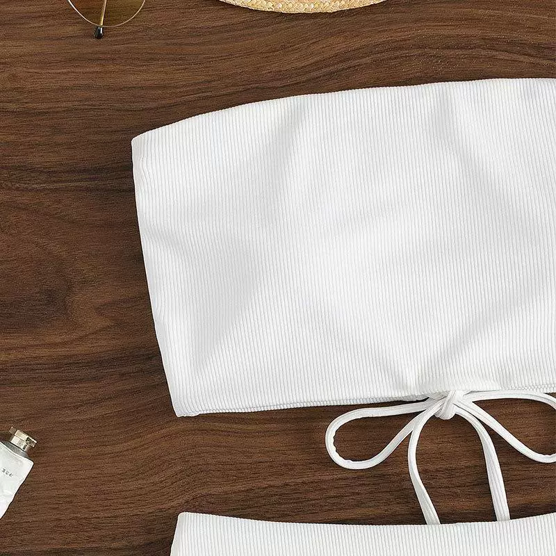 Strapless Lace-Up Bandeau High Waist Bikini Set view 3
