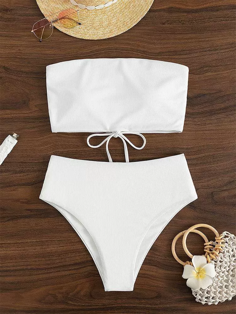 Strapless Lace-Up Bandeau High Waist Bikini Set view 7