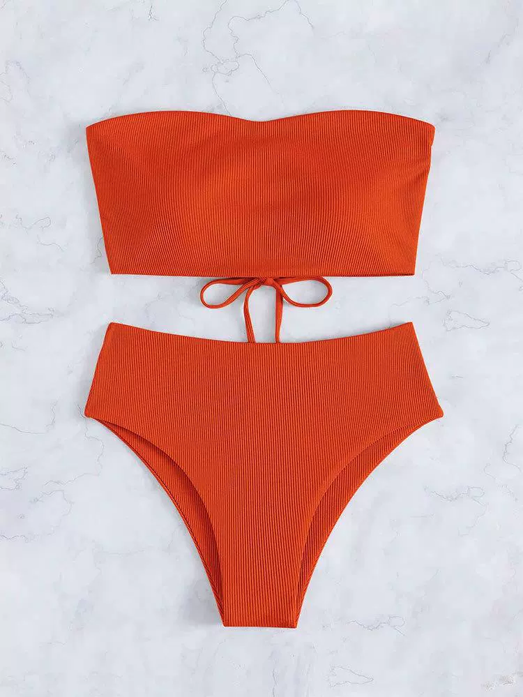 Strapless Lace-Up Bandeau High Waist Bikini Set view 9