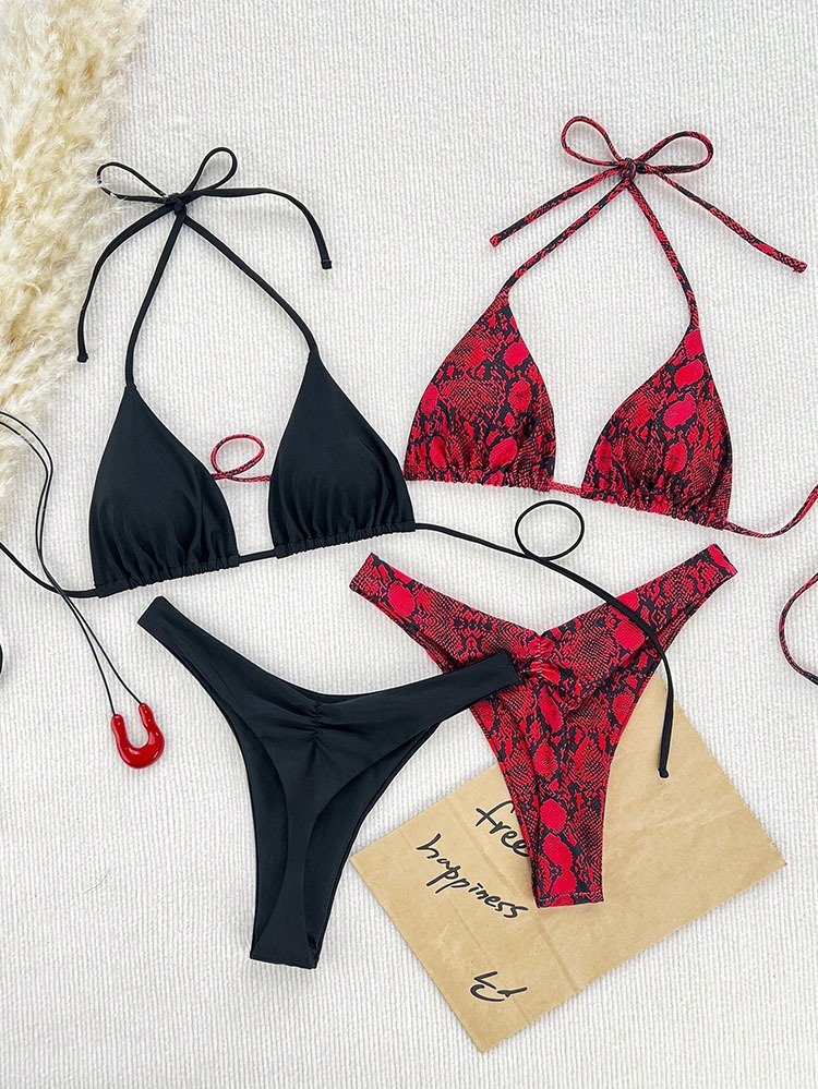 Black Polyester Red Snake Print
