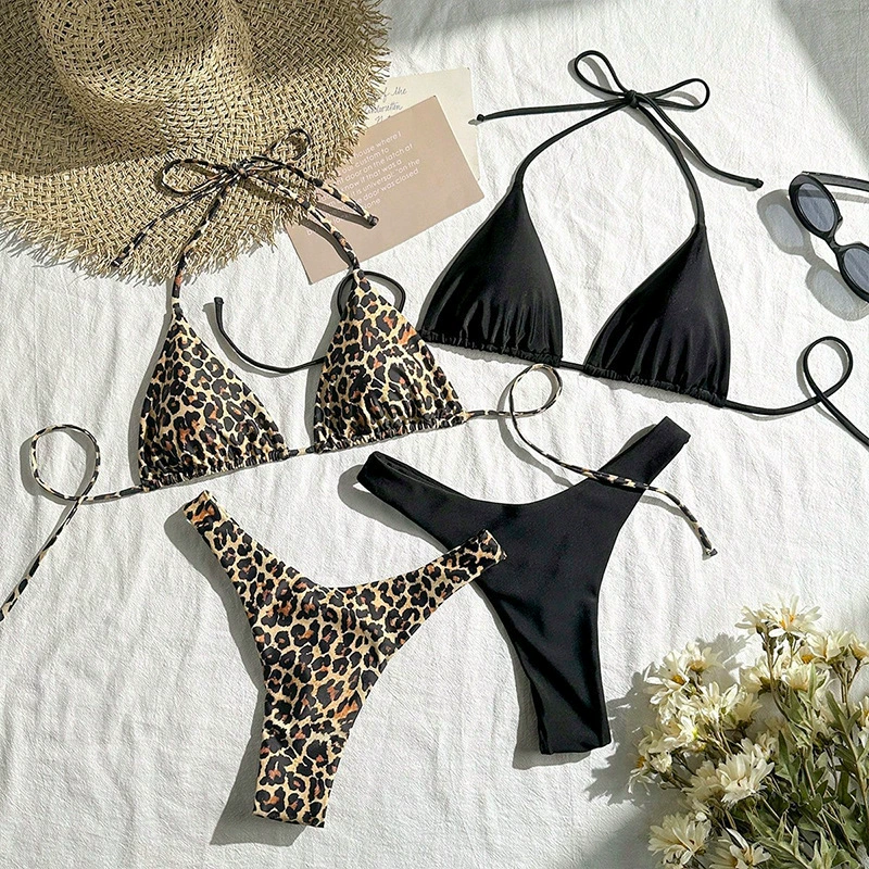 Women's Halter Triangle Bikini Four Piece Swimsuit Set view 3
