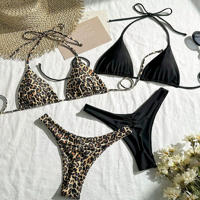 Women's Halter Triangle Bikini Four Piece Swimsuit Set view 4