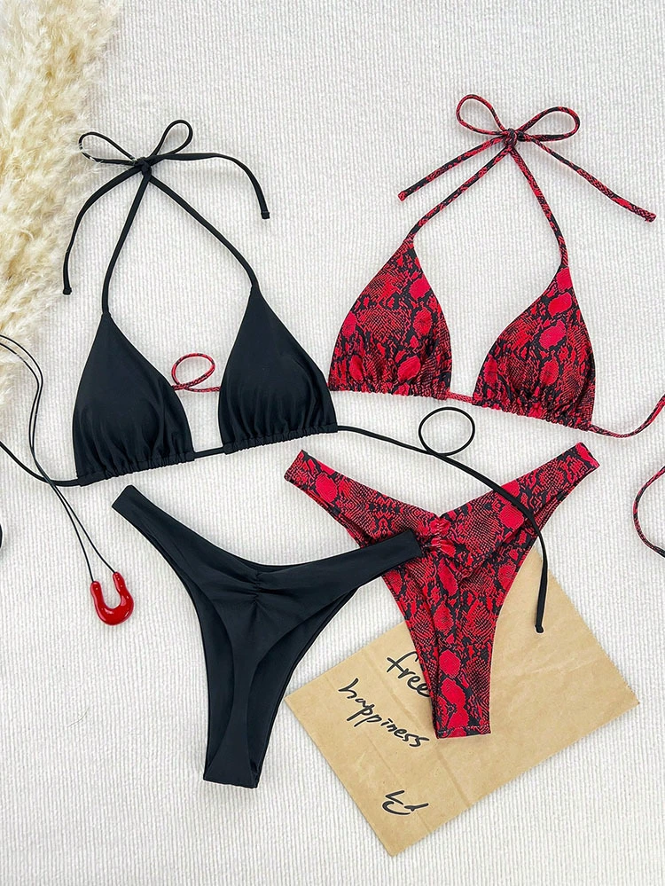 Women's Halter Triangle Bikini Four Piece Swimsuit Set view 9