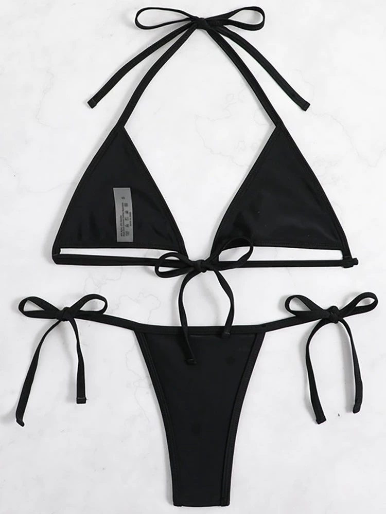 Women’s Halter Triangle Bikini Set with Strappy Tie-Side Thong Bottom