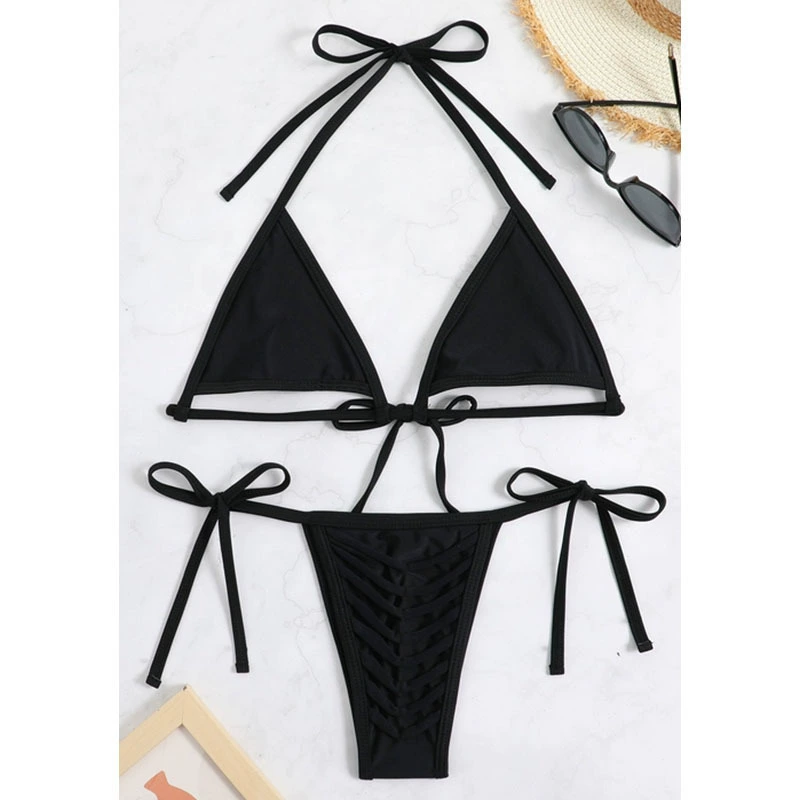 Women's Halter Triangle Bikini Set with Strappy Tie-Side Thong Bottom view 6