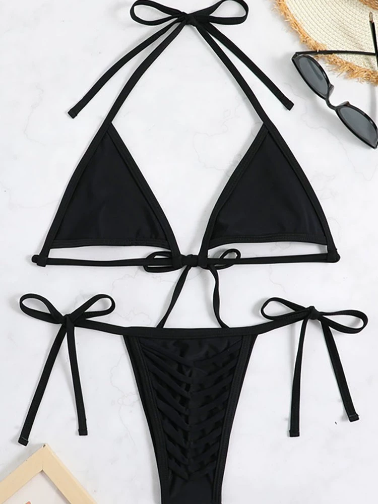 Women’s Halter Triangle Bikini Set with Strappy Tie-Side Bottom