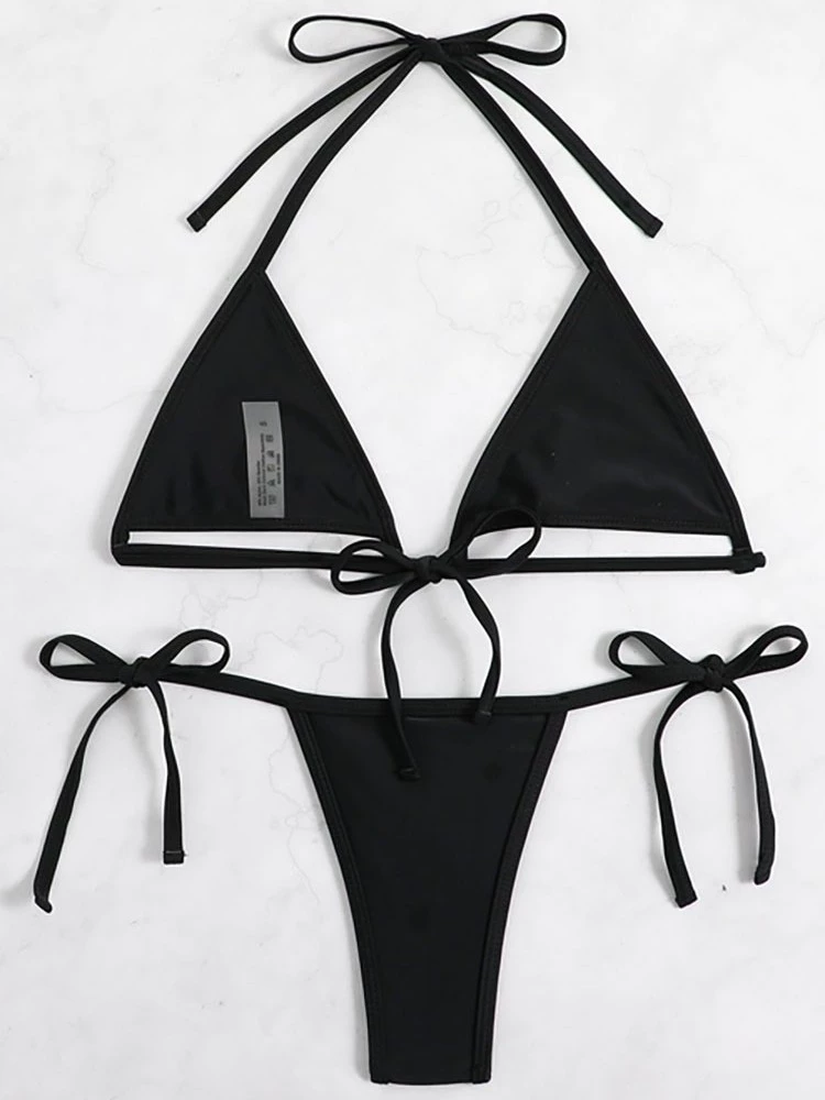 Women’s Halter Triangle Bikini Set with Strappy Tie-Side Bottom