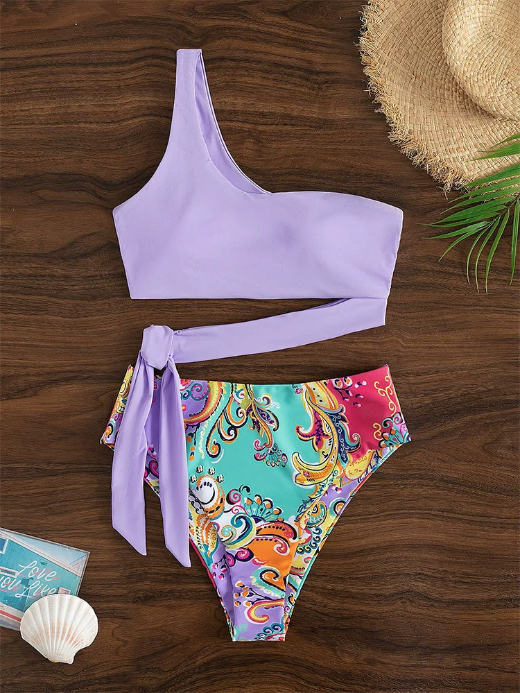 One-Shoulder Wrap Tie High Cut Two Piece Bikini Set view 6