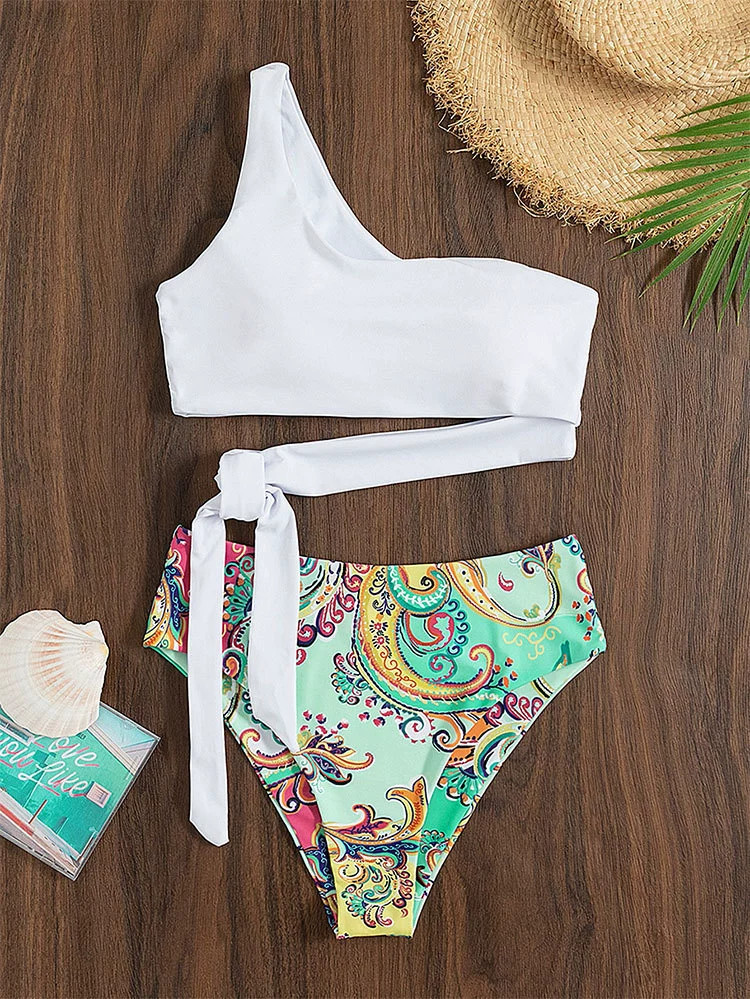 One-Shoulder Wrap Tie High Cut Two Piece Bikini Set view 7