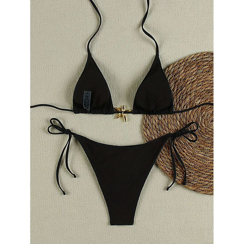 Women’s Triangle Bikini Set with Starfish Charm and Tie Side Bottoms