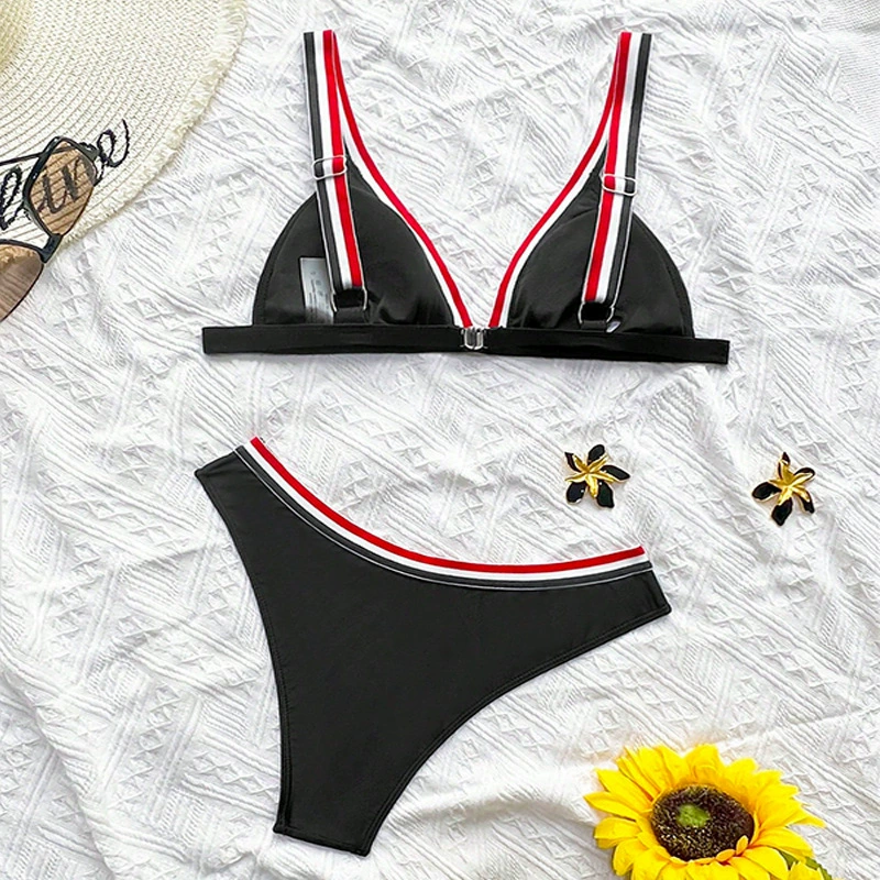 Women's V-Neck Triangle Bikini Set with Adjustable Straps view 4