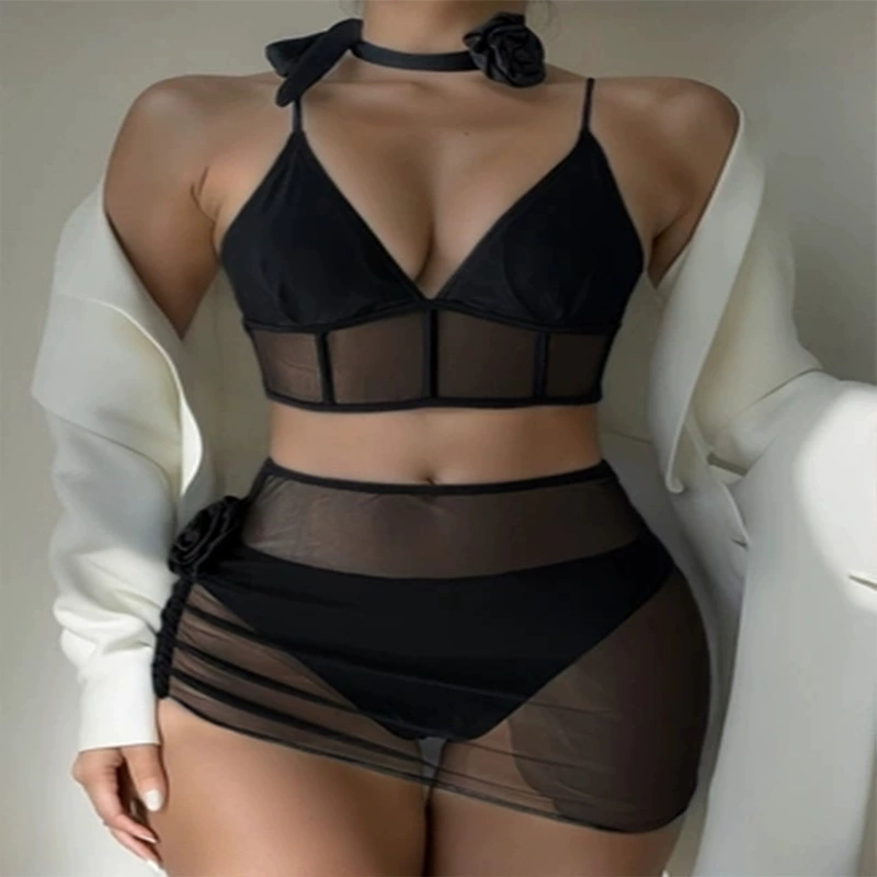 Four-Piece Women’s Triangle Bikini Set with Sheer Skirt and Choker