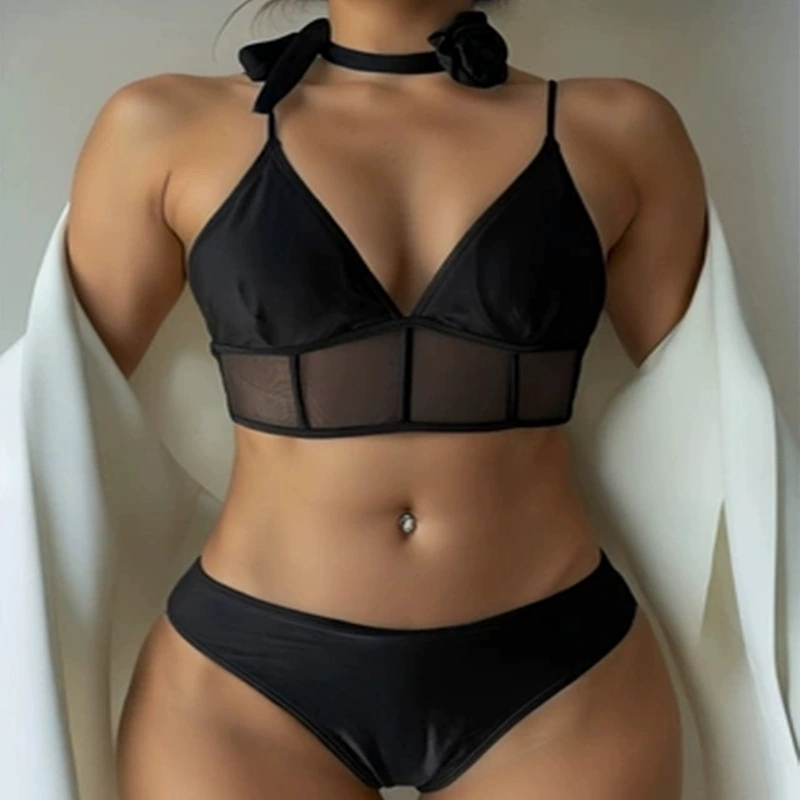 Four-Piece Women’s Triangle Bikini Set with Sheer Skirt and Choker