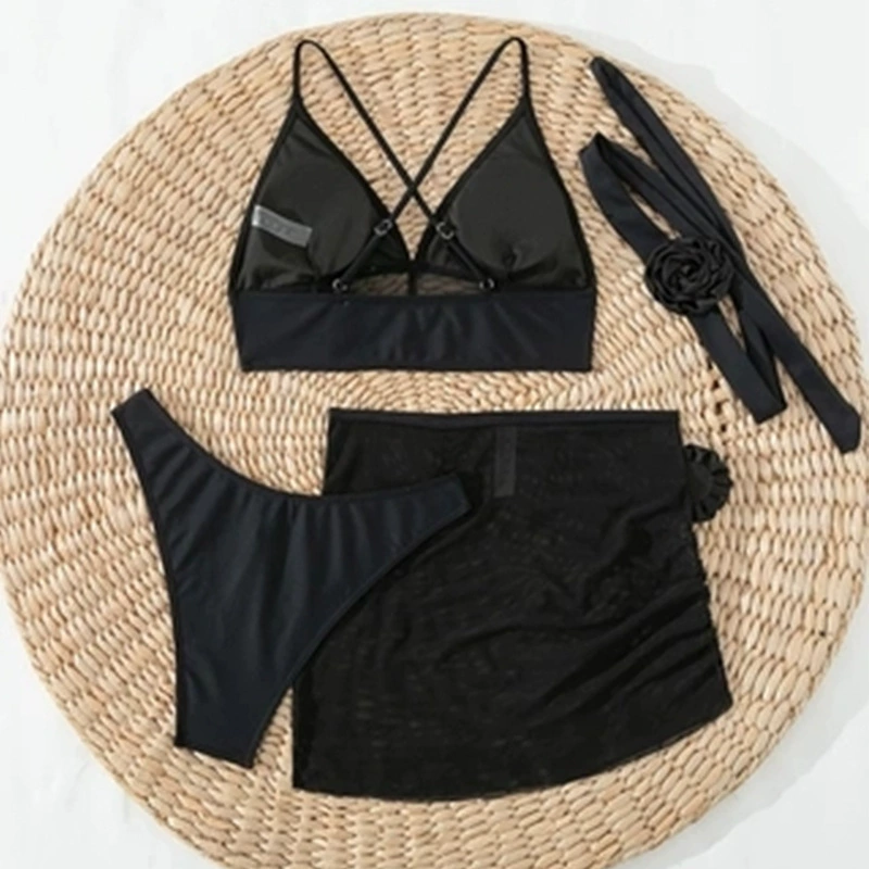 Four-Piece Women's Triangle Bikini Set with Sheer Skirt and Choker view 3