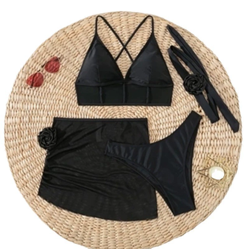Four-Piece Women's Triangle Bikini Set with Sheer Skirt and Choker view 5