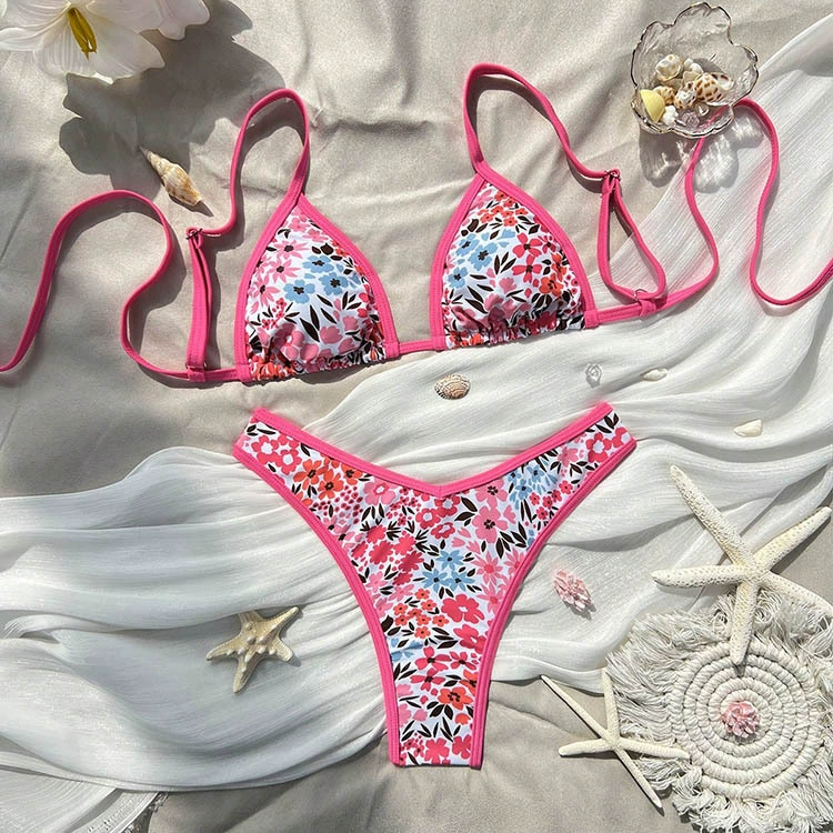 Women's Triangle String Bikini Set with High-Cut Thong Bottom view 8