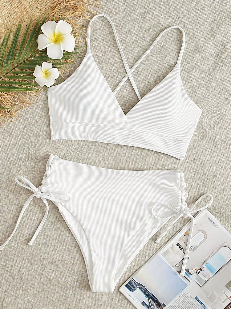 Women's V-Neck Cross Back Tie Side Bikini Set view 14