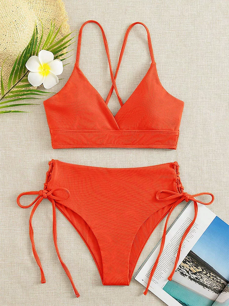 Women's V-Neck Cross Back Tie Side Bikini Set view 15