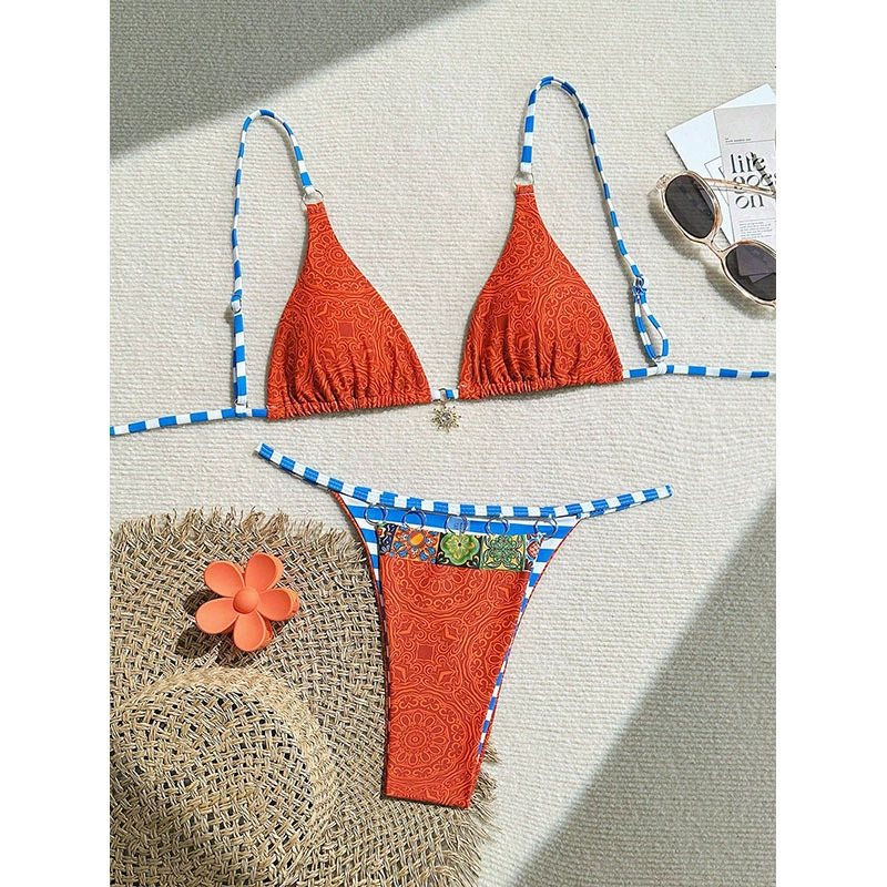 Women’s Reversible Triangle Bikini Set with O-Ring Tie Straps