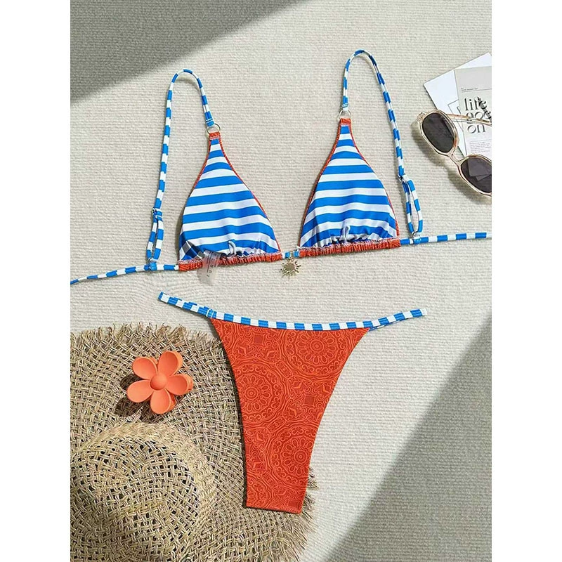 Women’s Reversible Triangle Bikini Set with O-Ring Tie Straps