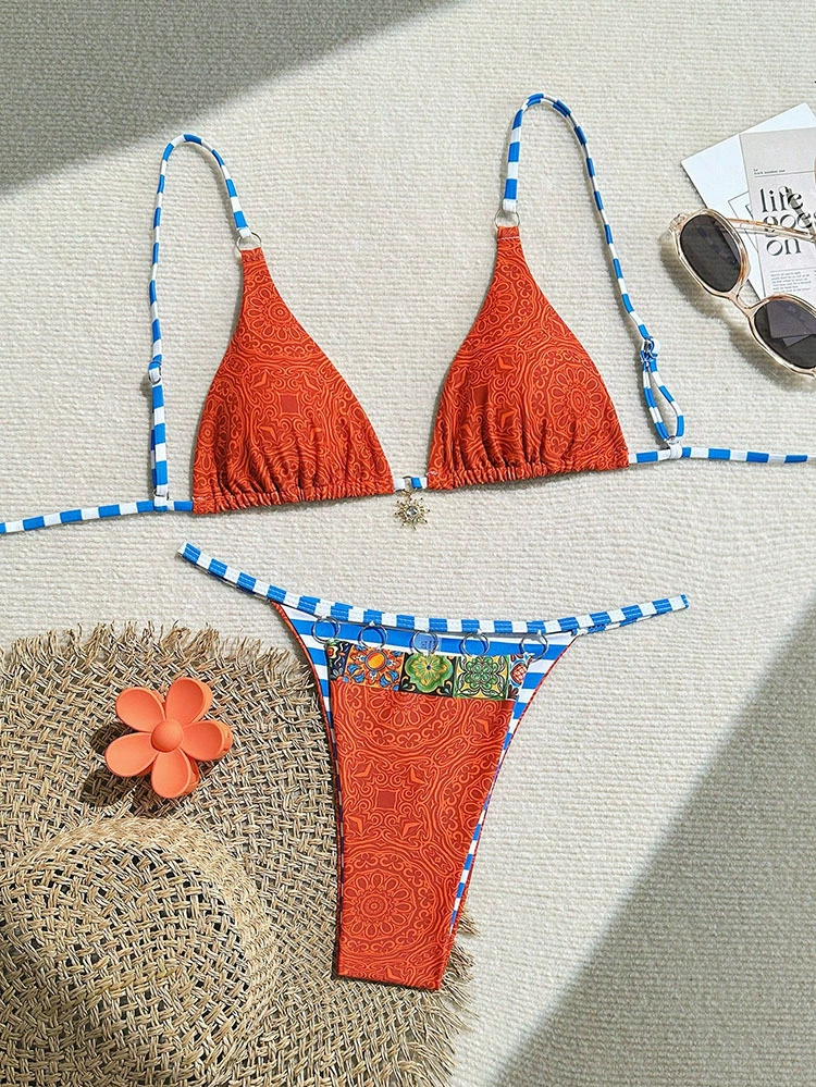 Women's Reversible Triangle Bikini Set with O-Ring Tie Straps view 6
