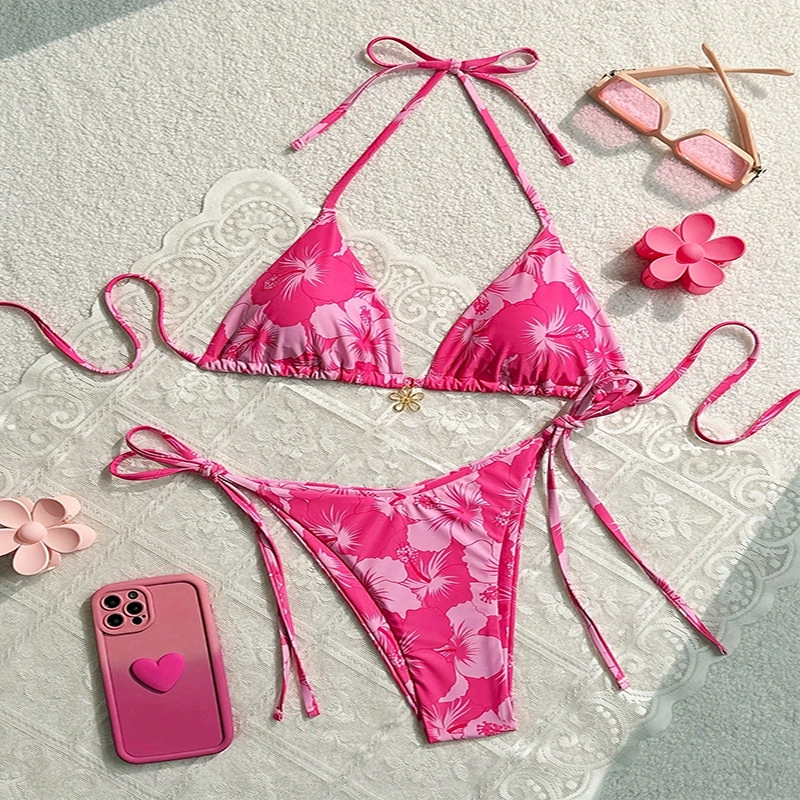 Women’s Triangle Halter Bikini Set with Tie-Side Bottoms