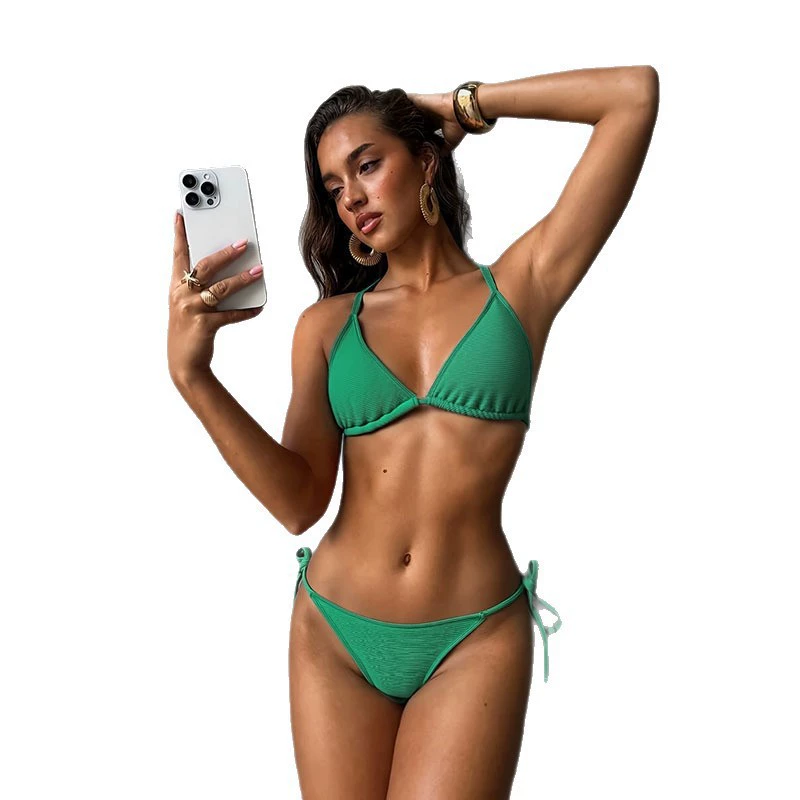 Women's Halter Triangle Bikini Set with Tie-Side Bottoms view 5