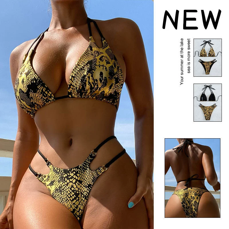 Women’s Halter Triangle Bikini Set with Double Strap Thong Bottom