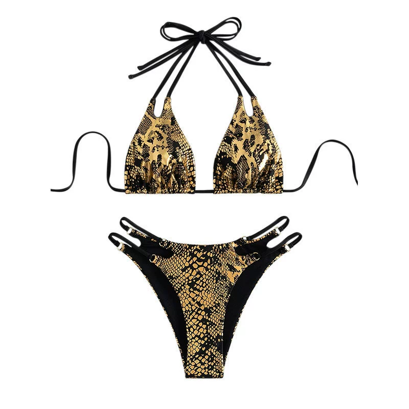 Women's Halter Triangle Bikini Set with Double Strap Thong Bottom view 5