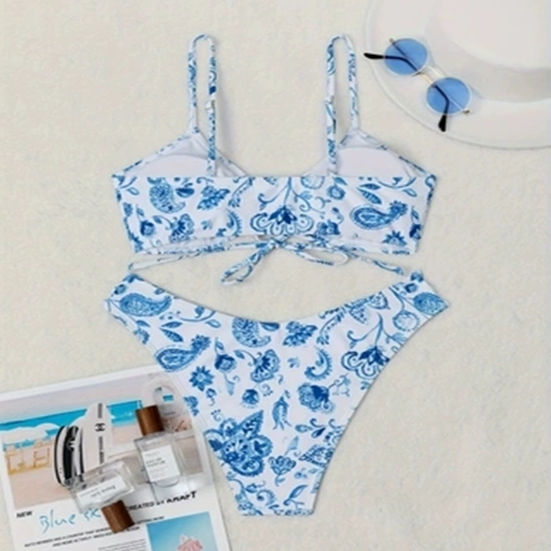 Women’s Tie Front Bikini Set with Strappy High-Cut Bottoms