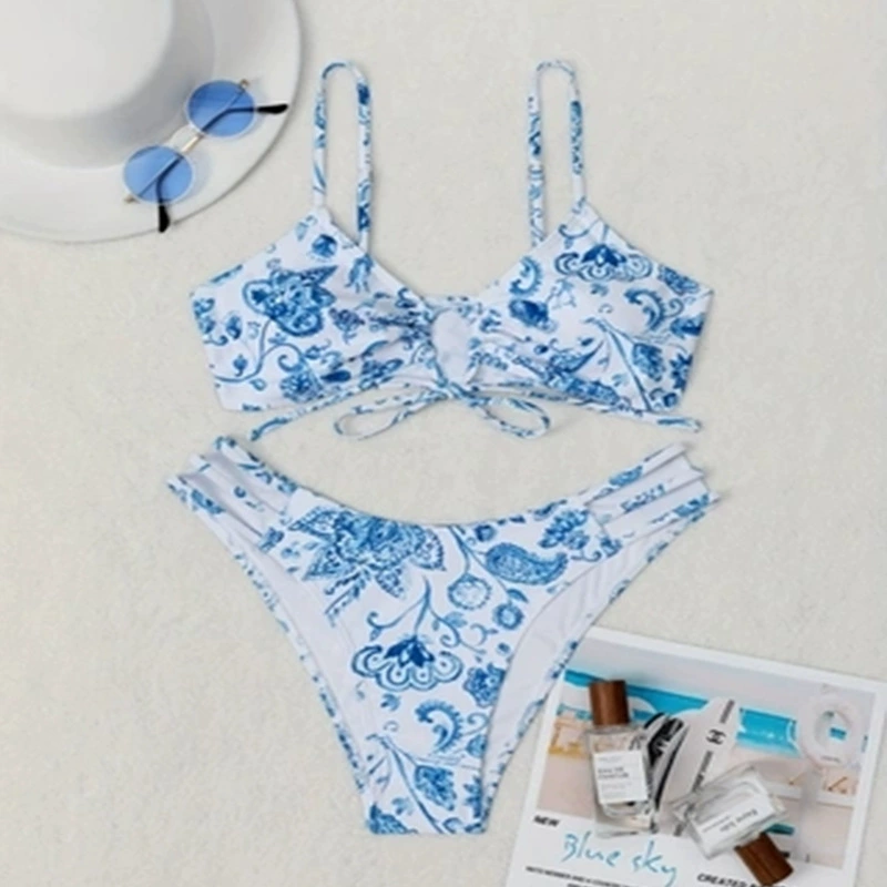Women's Tie Front Bikini Set with Strappy High-Cut Bottoms view 6