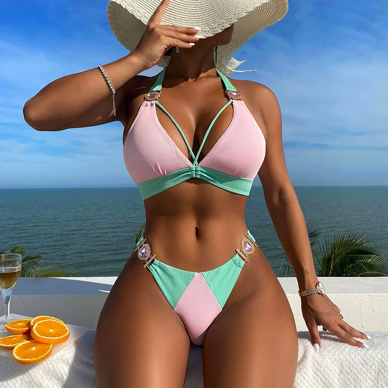 Women's Halter Strappy Two-Piece Bikini Set with Jewel Hardware