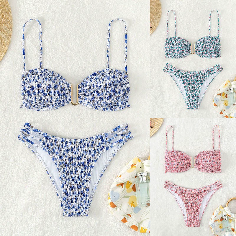 Women's Smocked Bikini Set with Clip Front and Strappy Bottoms