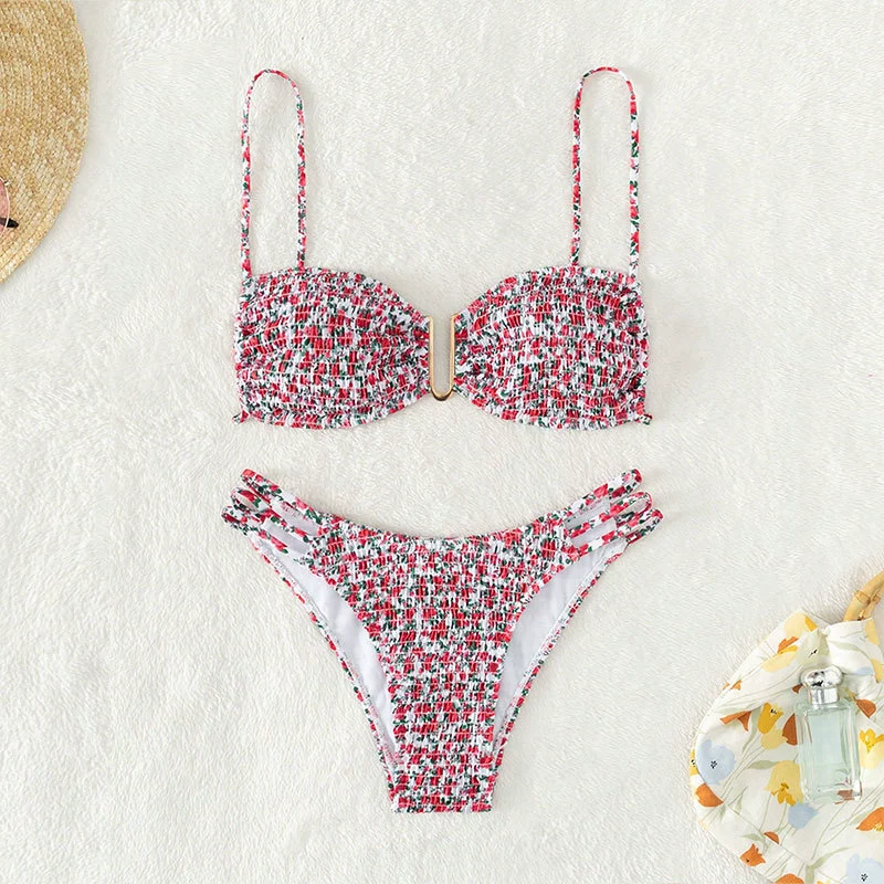 Women's Smocked Bikini Set with Clip Front and Strappy Bottoms view 4