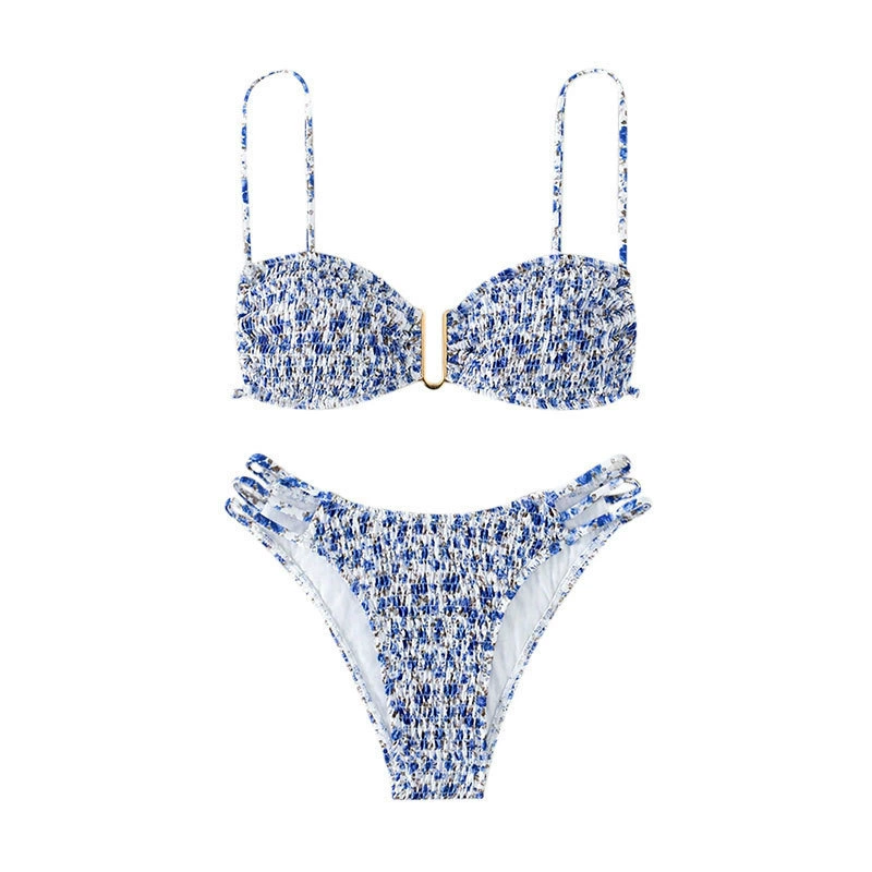 Women's Smocked Bikini Set with Clip Front and Strappy Bottoms view 5