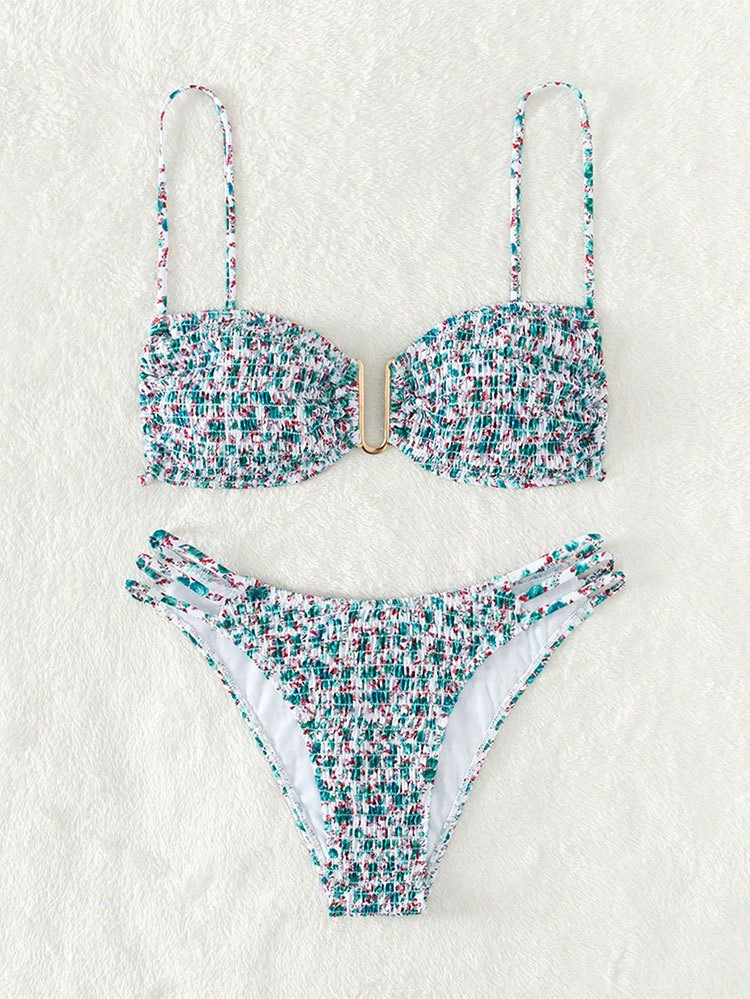 Women's Smocked Bikini Set with Clip Front and Strappy Bottoms view 6