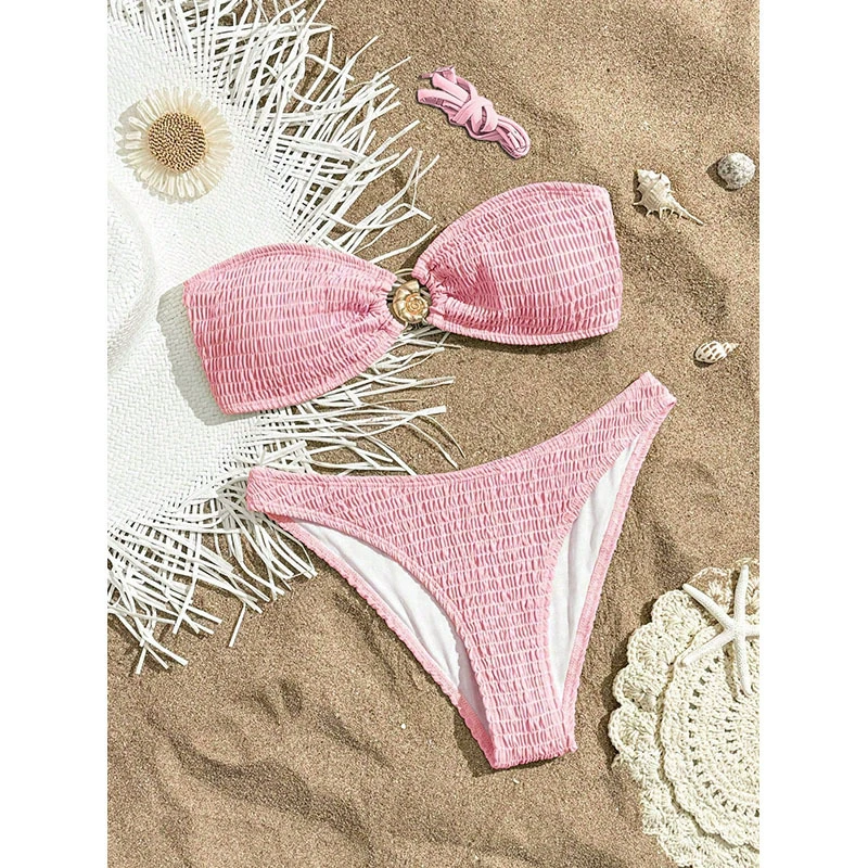 Women's Two-Piece Shirred Bandeau Bikini Set with Ring Accent view 4