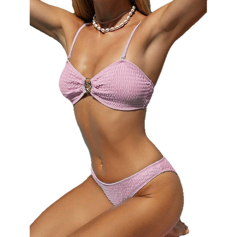 Women's Two-Piece Shirred Bandeau Bikini Set with Ring Accent view 5