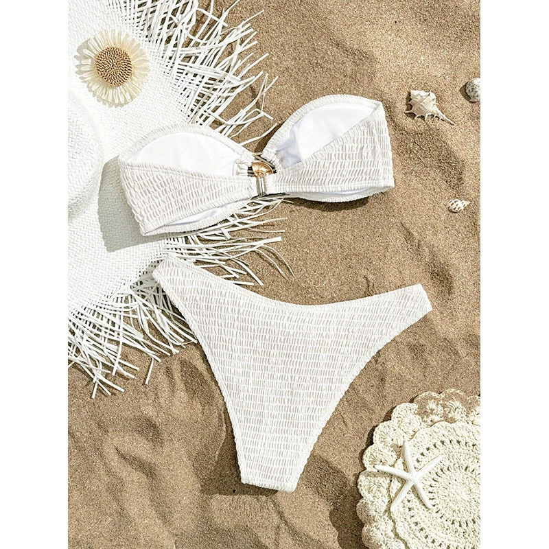 Women's Two-Piece Shirred Bandeau Bikini Set with Ring Accent view 6
