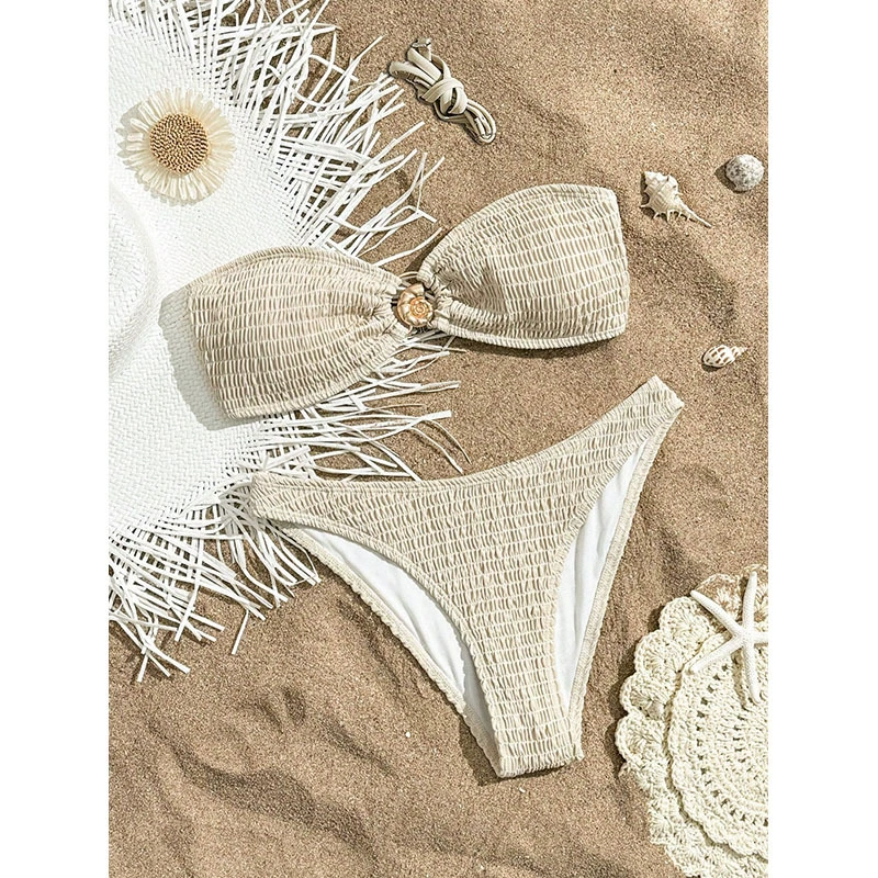 Women's Two-Piece Shirred Bandeau Bikini Set with Ring Accent view 8