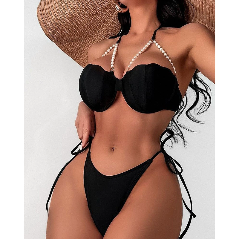 Women's Pearl Strap Shell Cup Tie-Side Bikini Set view 2