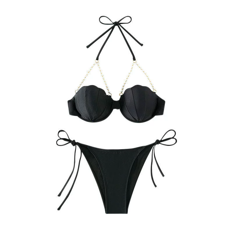 Women's Pearl Strap Shell Cup Tie-Side Bikini Set view 5