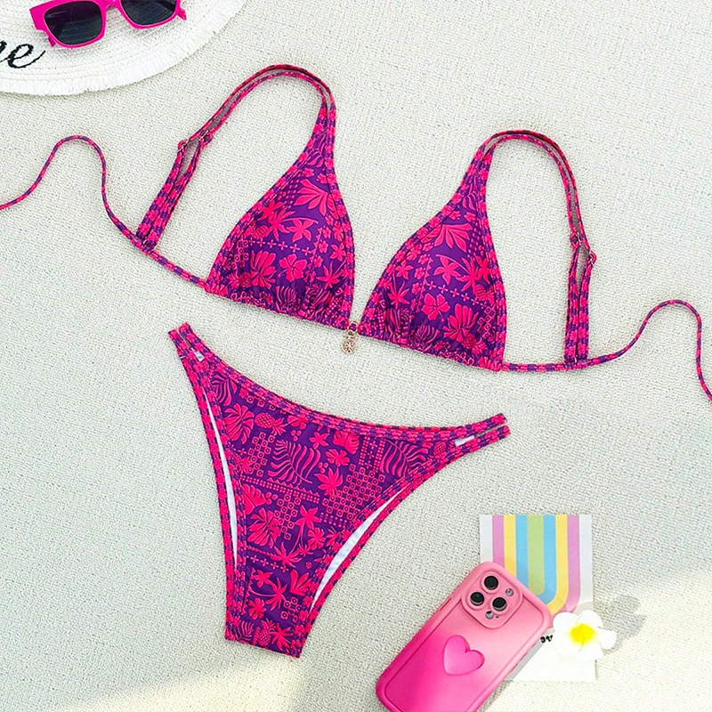 Women's Triangle String Bikini Set with Thong Bottom