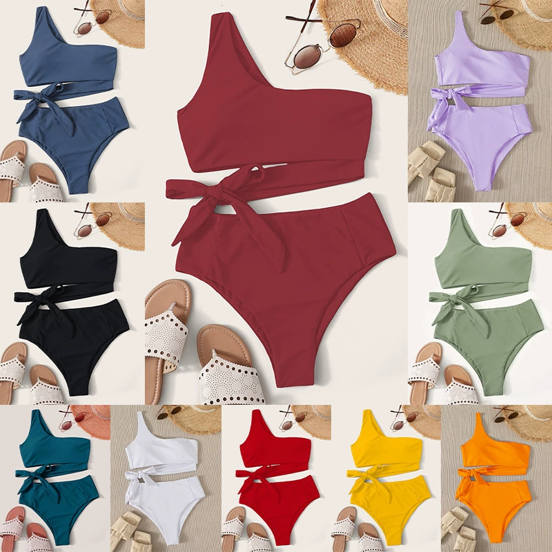 Women One Shoulder Wrap Tie High Waist Bikini Set