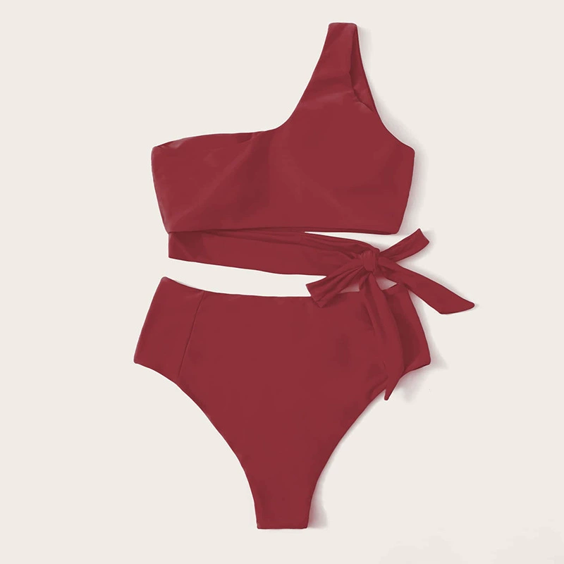 Women One Shoulder Wrap Tie High Waist Bikini Set view 2