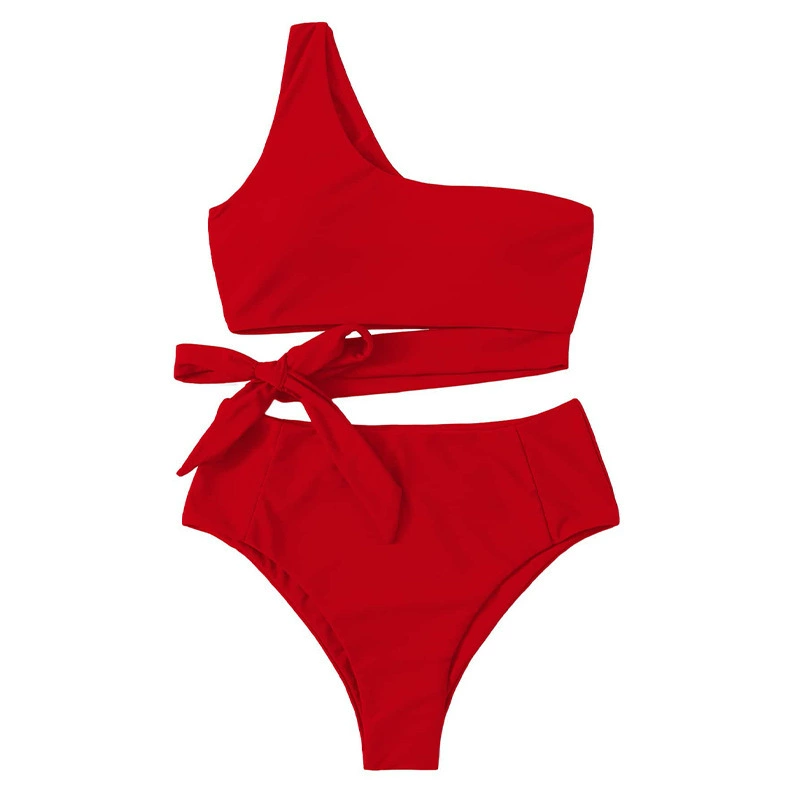 Women One Shoulder Wrap Tie High Waist Bikini Set view 6