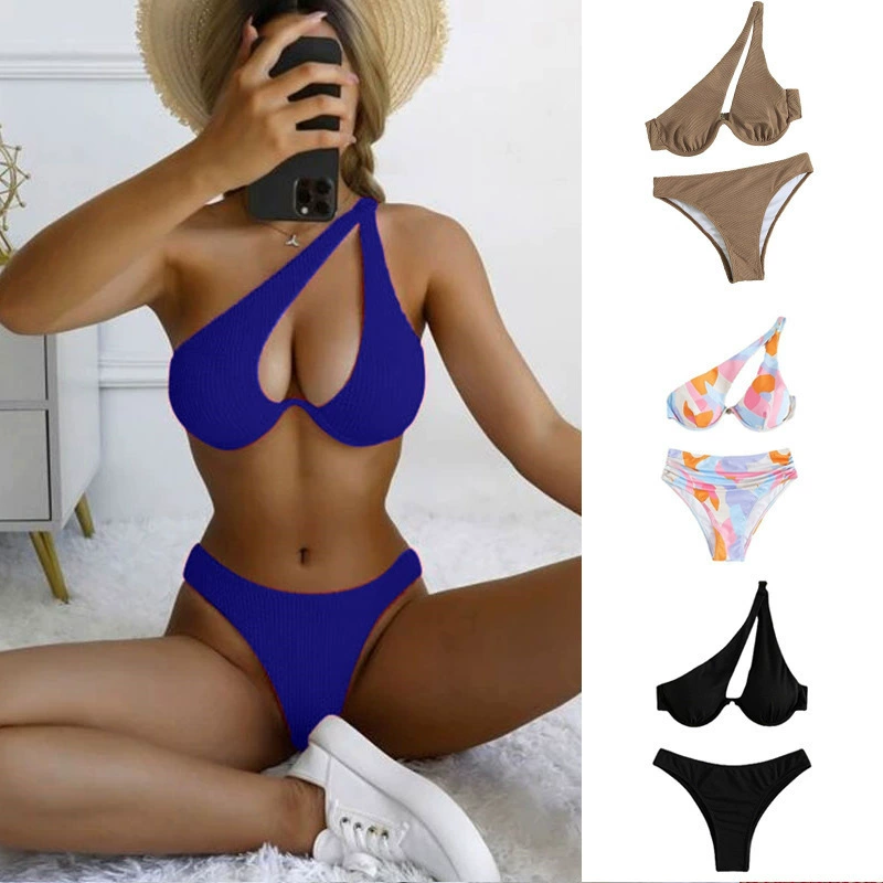 Women One-Shoulder Cutout Two-Piece Bikini Set with Underwire Cups