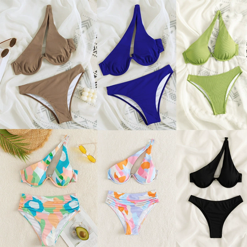 Women One-Shoulder Cutout Two-Piece Bikini Set with Underwire Cups view 2